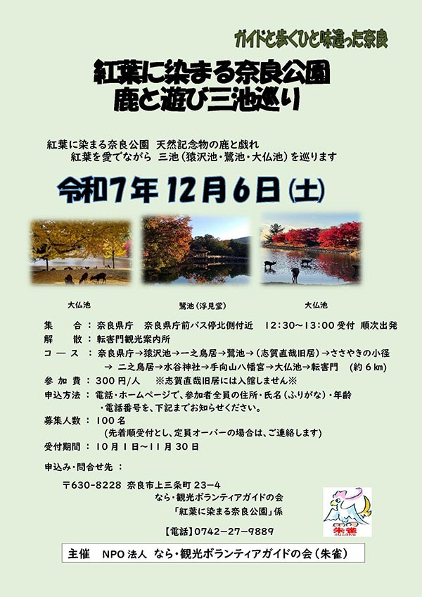ガイドと歩くひと味違った奈良 紅葉に染まる奈良公園 鹿と遊び三池巡り [令和7年12月6日（土）12:30～13:30 受付開始 順次出発]